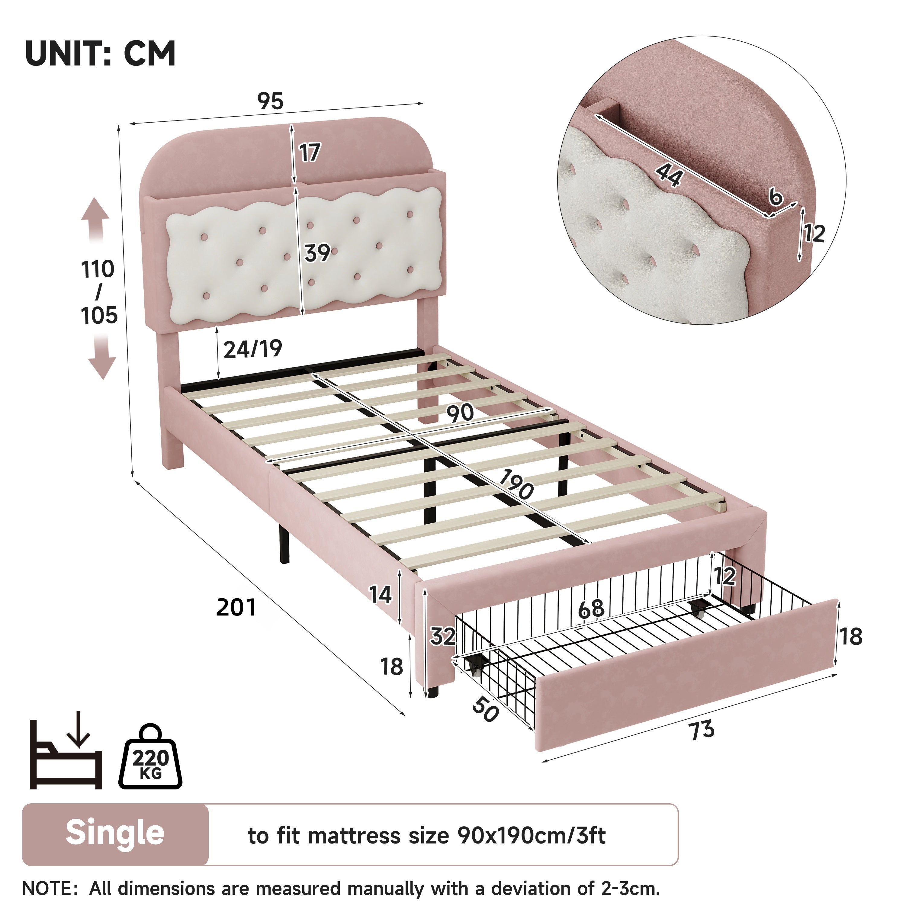 3ft Single Velvet Upholstered Bed Frame, Adjustable Cookie Shaped Storage Headboard with Storage Drawer at Bed End, No Box Spring Needed, Easy Assembly, Pink+ Cream White (No Mattress)