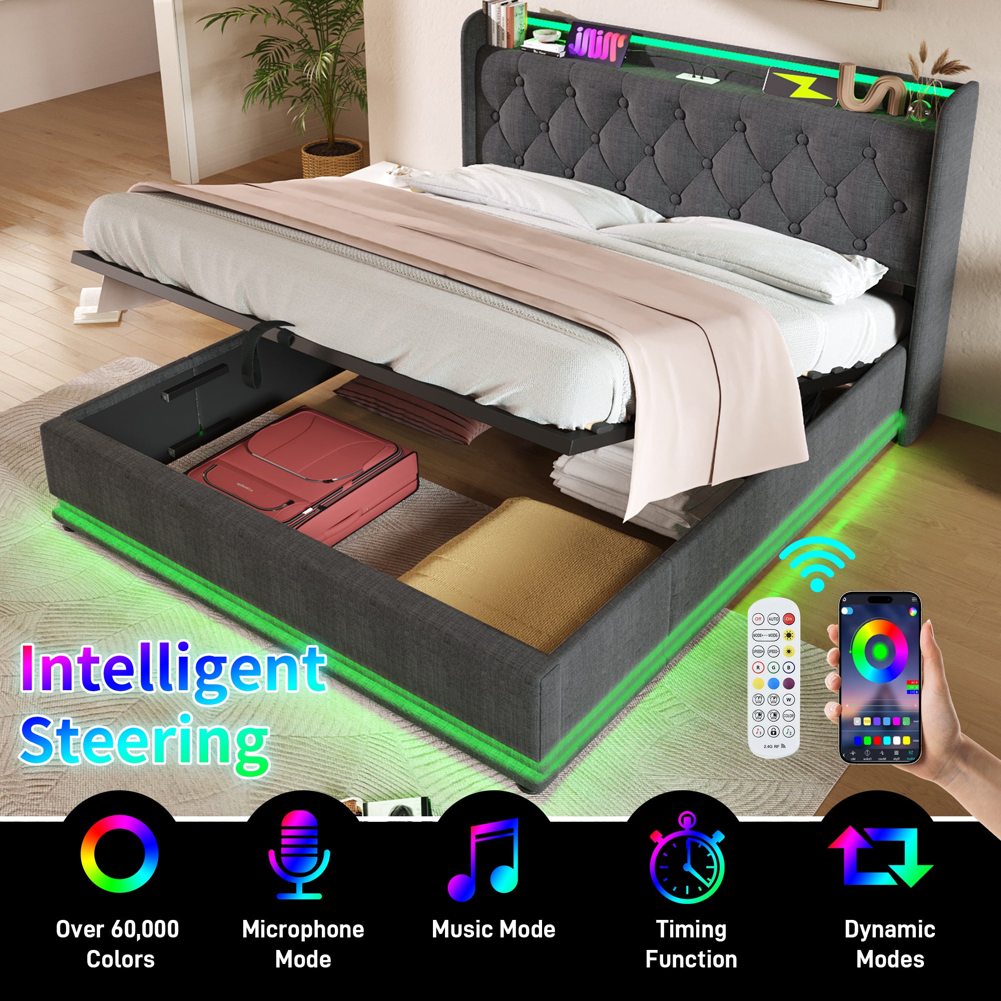 Upholstered King Ottoman Bed with 360 Surround Led Function,Hydraulic Storage Bed Frame with Large Storage Space, 5ft King size Bed Frame with Charging Function,150x200 ,Linen, Grey (No Mattress)