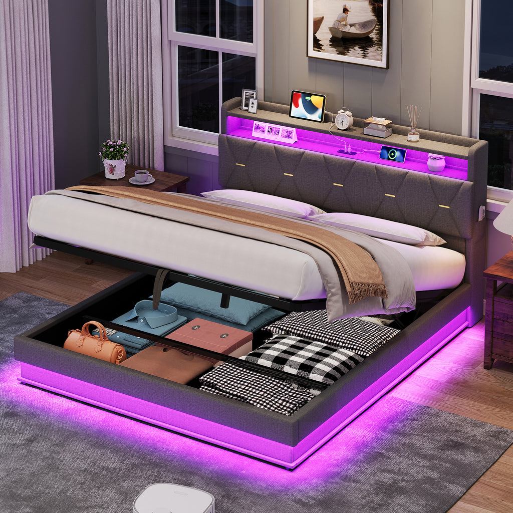 4ft6 Double Upholstered Bed Frame with Hydraulic Storage,  LED Headboard with Charging Station and Concealed Headboard Storage, USB and Type - C Ports, Linen, No Box Spring Needed, Grey (No Mattress)
