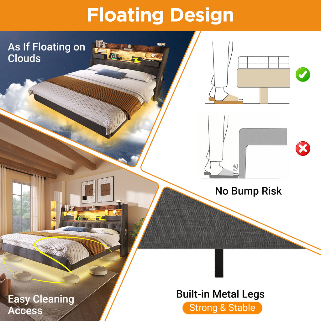 Upholstered Bed 4ft6 Floating Bed with LED Lighting, USB Type-C Charging, Storage Headboard for Cellphones and Tablets,  135 x 190 cm Double Bed, Linen, Grey (No Mattress)