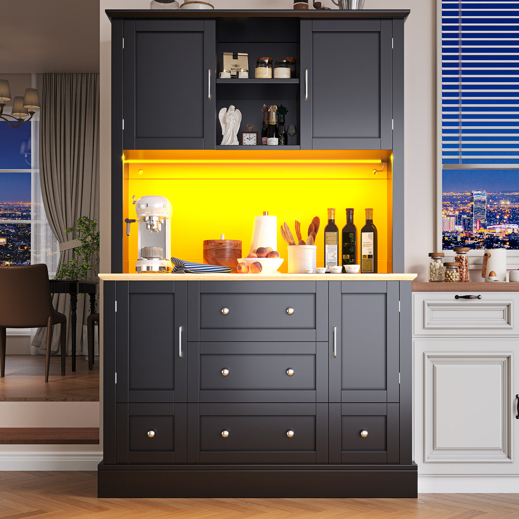 Snack cabinet, kitchen cabinet (115 x 40 x 180 cm), tall kitchen dining cabinet, sideboard, kitchen cabinet with five drawers and LED lighting, suitable for kitchen, living room, dining room, black