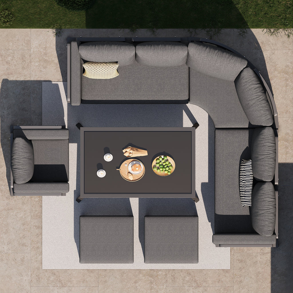 Crescent-shaped garden sofa set for 8 people / Sturdy iron frame with grey cushions / Complete with glass table, 1 armchair & 2 stools / Weatherproof patio furniture for balcony