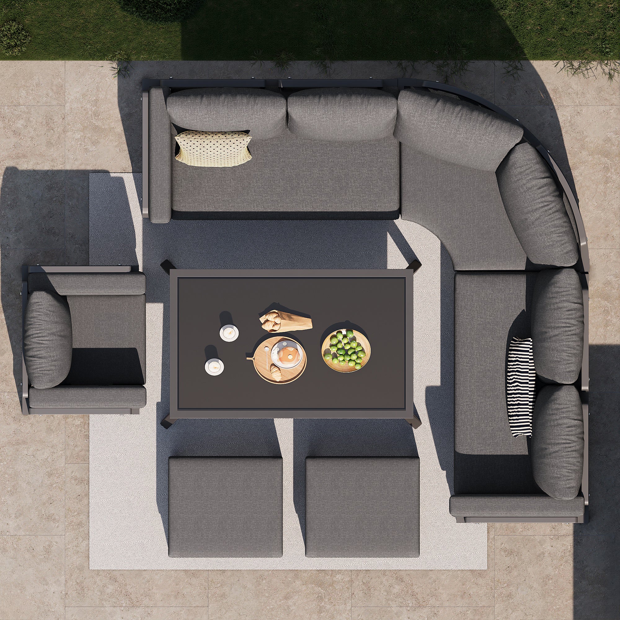 Crescent-shaped garden sofa set for 8 people / Sturdy iron frame with grey cushions / Complete with glass table, 1 armchair & 2 stools / Weatherproof patio furniture for balcony