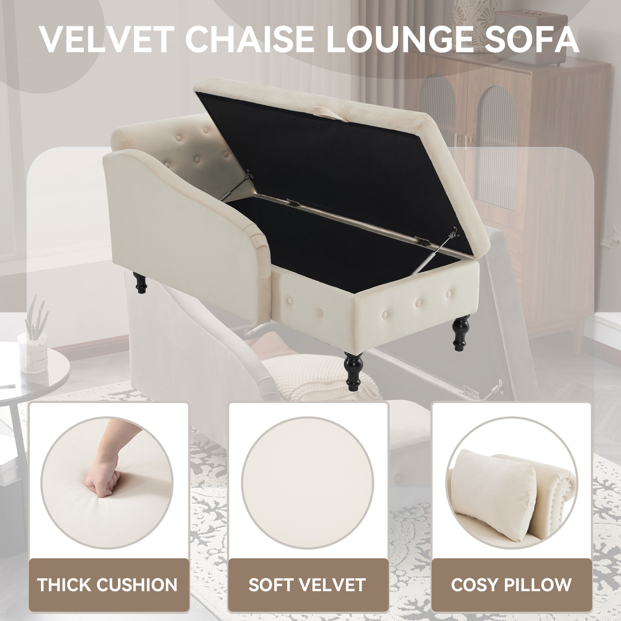 Velvet Chaise Lounge Sofa with Storage, Upholstered Chaise lounge Couch with Pillow for Living Room, Modern Nailhead-Trim & Button-tufted Lounge Chair, Bedroom and Office, Right Armrest