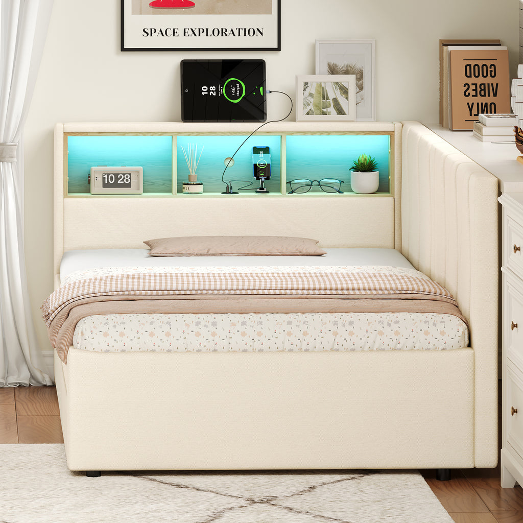 3ft Single Daybed with Two Storage Drawers, LED Modern Bed frame with Charging Station, Linen Sofa Bed for Living Room/ Bedroom/ Study Room, 90X190cm, Easy Assembly, Beige (No Mattress)