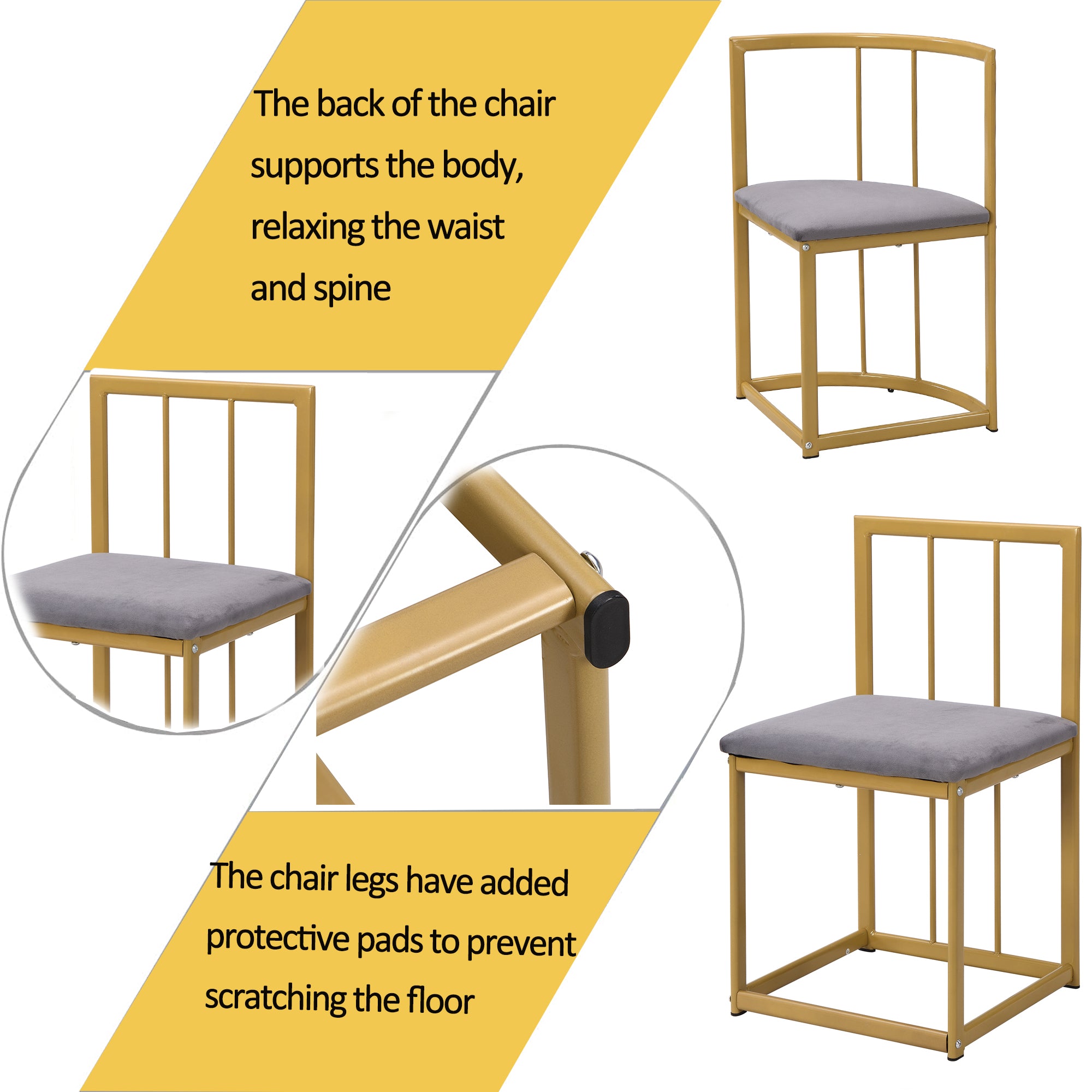 Six-Chair Dining Table Set:(White Table, Chairs with Backrests and Gray Upholstery, Gold Iron Frame),Dining Room Table and Chair Set,Modern Dining Table Combination