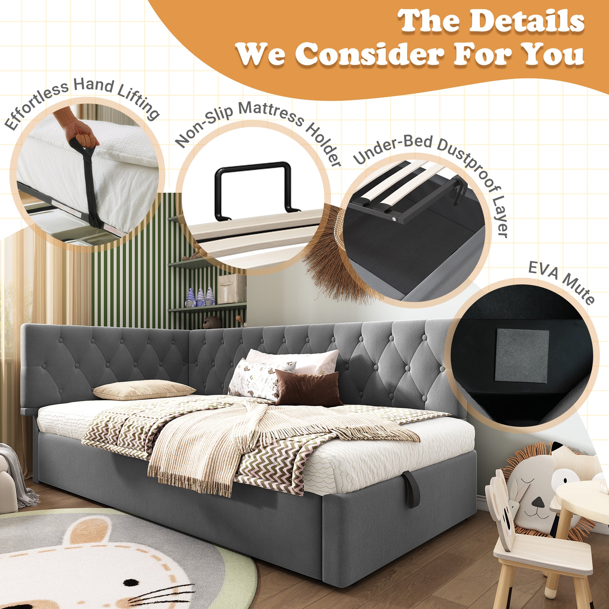 Daybed Upholstered Bed with Storage, 3FT Single Sofa Bed 90 x 190 cm, Ottoman Bed with Hydraulic Storage, Metal Slatted Bed Frame, Velvet, Grey (No Mattress)