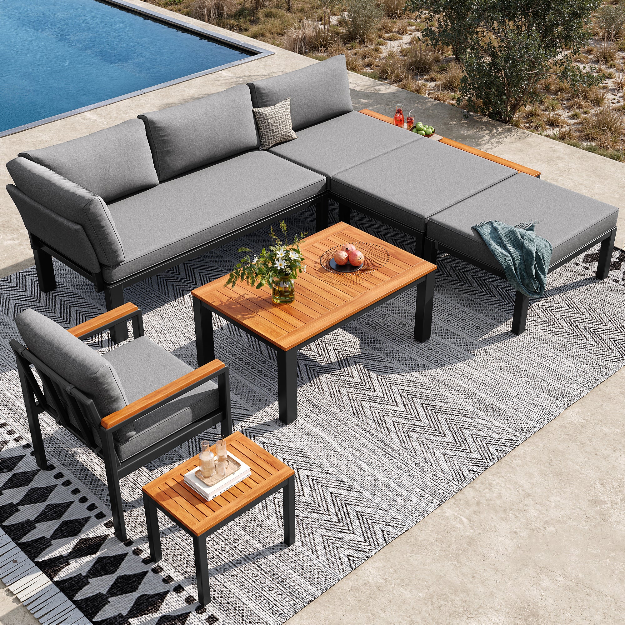 Modular Outdoor Sofa Set with Free Combination, Aluminium Frame, Breathable Cushions, Wooden Coffee Table & Side Table, for Patio, Garden & Backyard