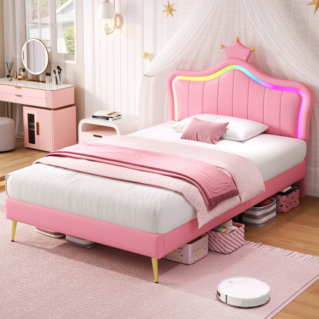 3ft Single Upholstered Bed with LED Adjustable Crown Shape Headboard, PU Leather Bed Frame with Solid Wood Slat, No Box Spring Needed, Easy Assembly, Pink (No Mattress)