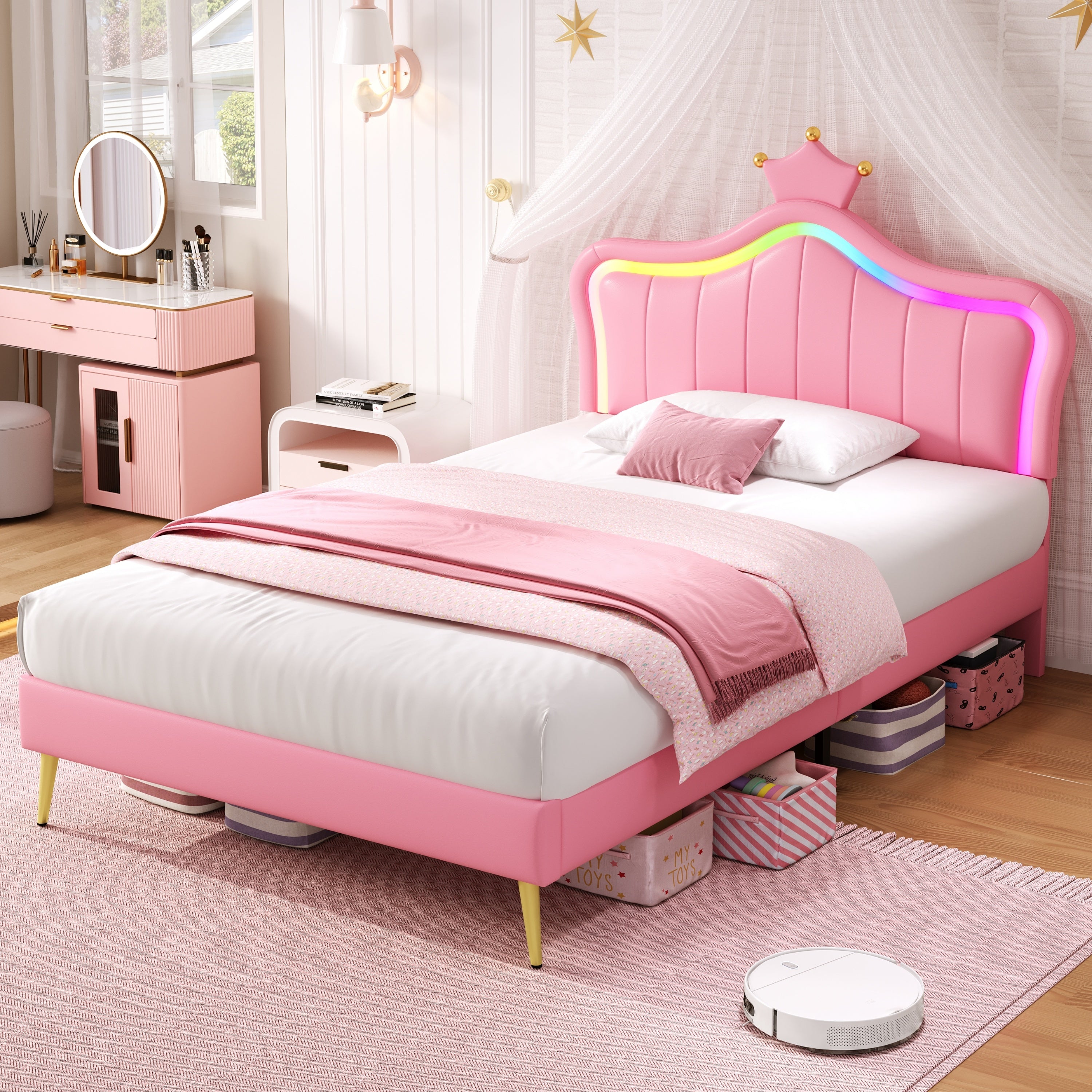 3ft Single Upholstered Bed with LED Adjustable Crown Shape Headboard, PU Leather Bed Frame with Solid Wood Slat, No Box Spring Needed, Easy Assembly, Pink (No Mattress)