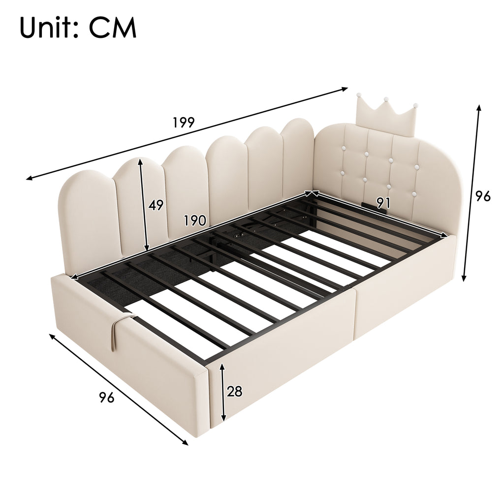 Upholstered Daybed with Hydraulic Storage, 3FT Single Sofa Bed 90 x 190 cm, Crown-shaped Bed Guest Beds for Adults & Children, Velvet, Beige (No Mattress)