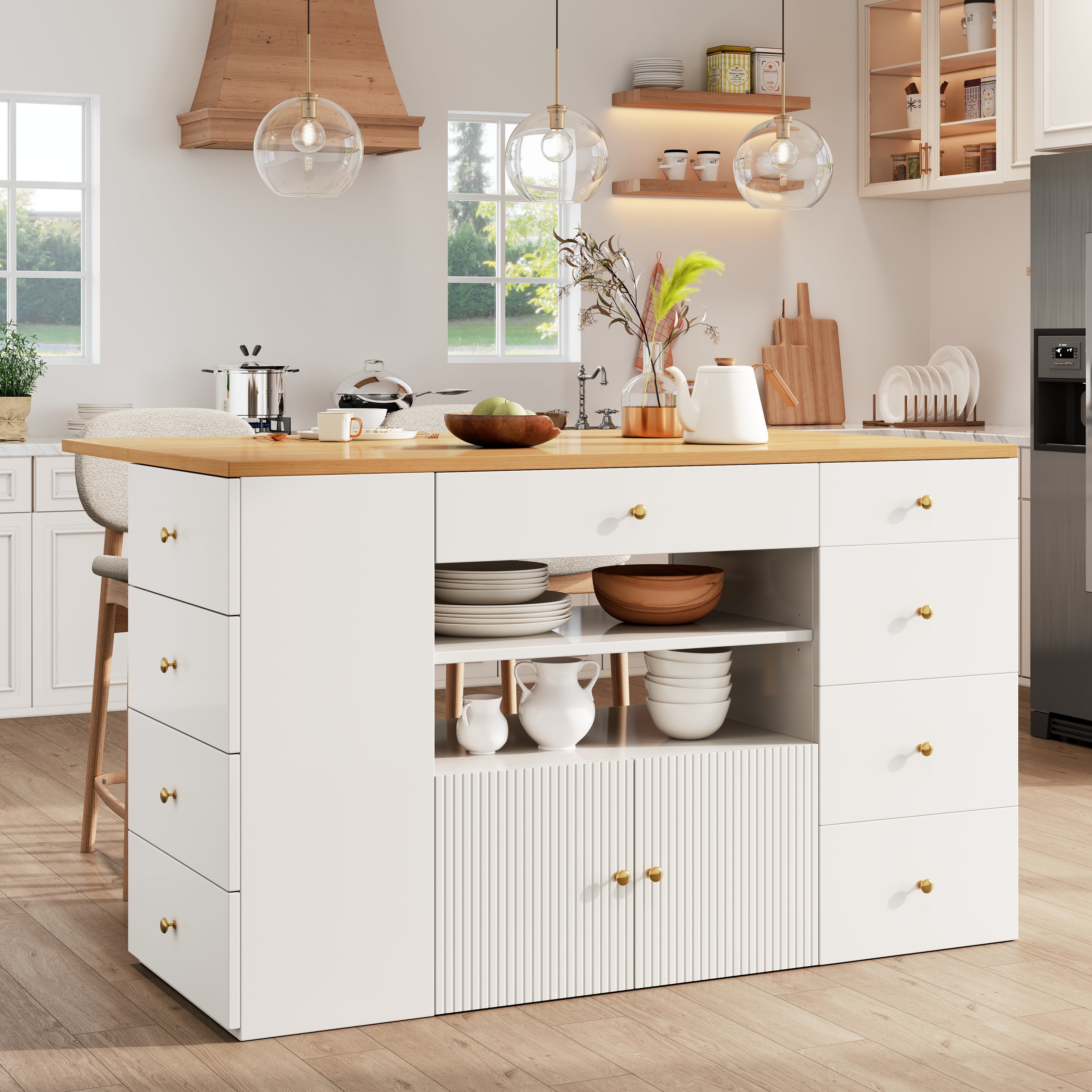 Adjustable Kitchen Island with Bar Stools - Sideboard & Cabinet with 6 Drawers, Width 140-70cm, White/Black