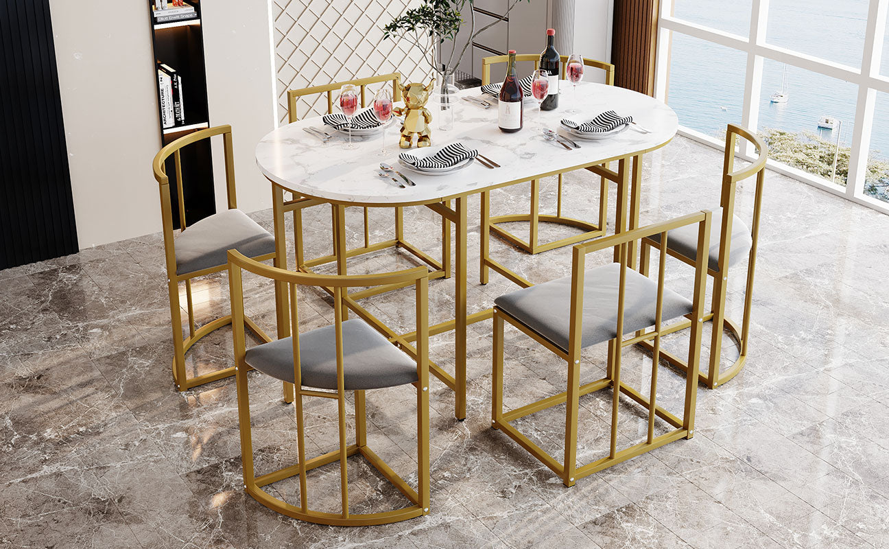 Six-Chair Dining Table Set:(White Table, Chairs with Backrests and Gray Upholstery, Gold Iron Frame),Dining Room Table and Chair Set,Modern Dining Table Combination