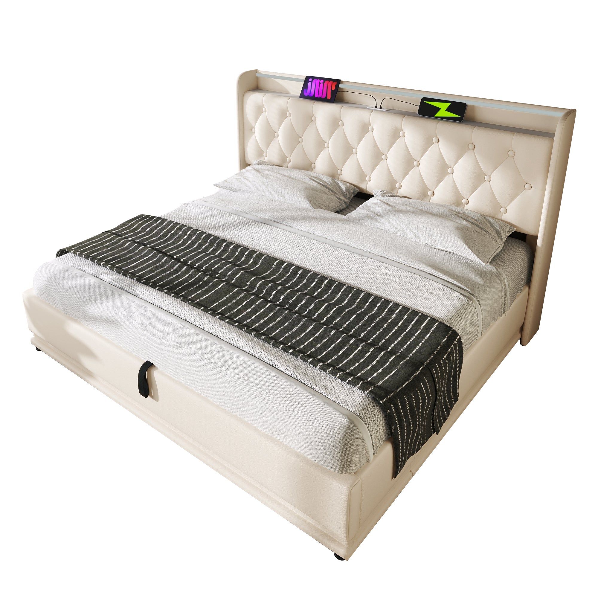 Upholstered Double Ottoman Bed with 360 Surround Led Function,Hydraulic Storage Bed Frame with Large Storage Space, 4ft6 Double Bed Frame with Charging Function,135 x190 ,PU, White (No Mattress)