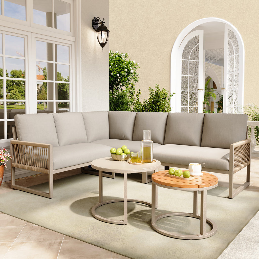 Outdoor garden lounge set, furniture set for 6-7 people, corner sofa with galvanized iron frame, adjustable legs, includes all seat and back cushions, beige