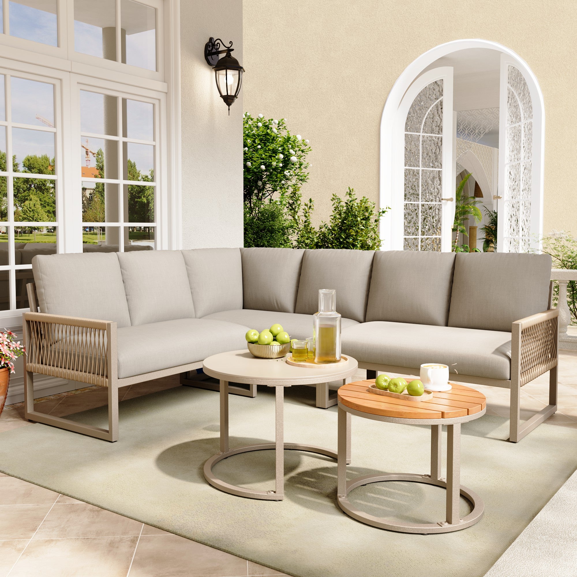 Outdoor garden lounge set, furniture set for 6-7 people, corner sofa with galvanized iron frame, adjustable legs, includes all seat and back cushions, beige