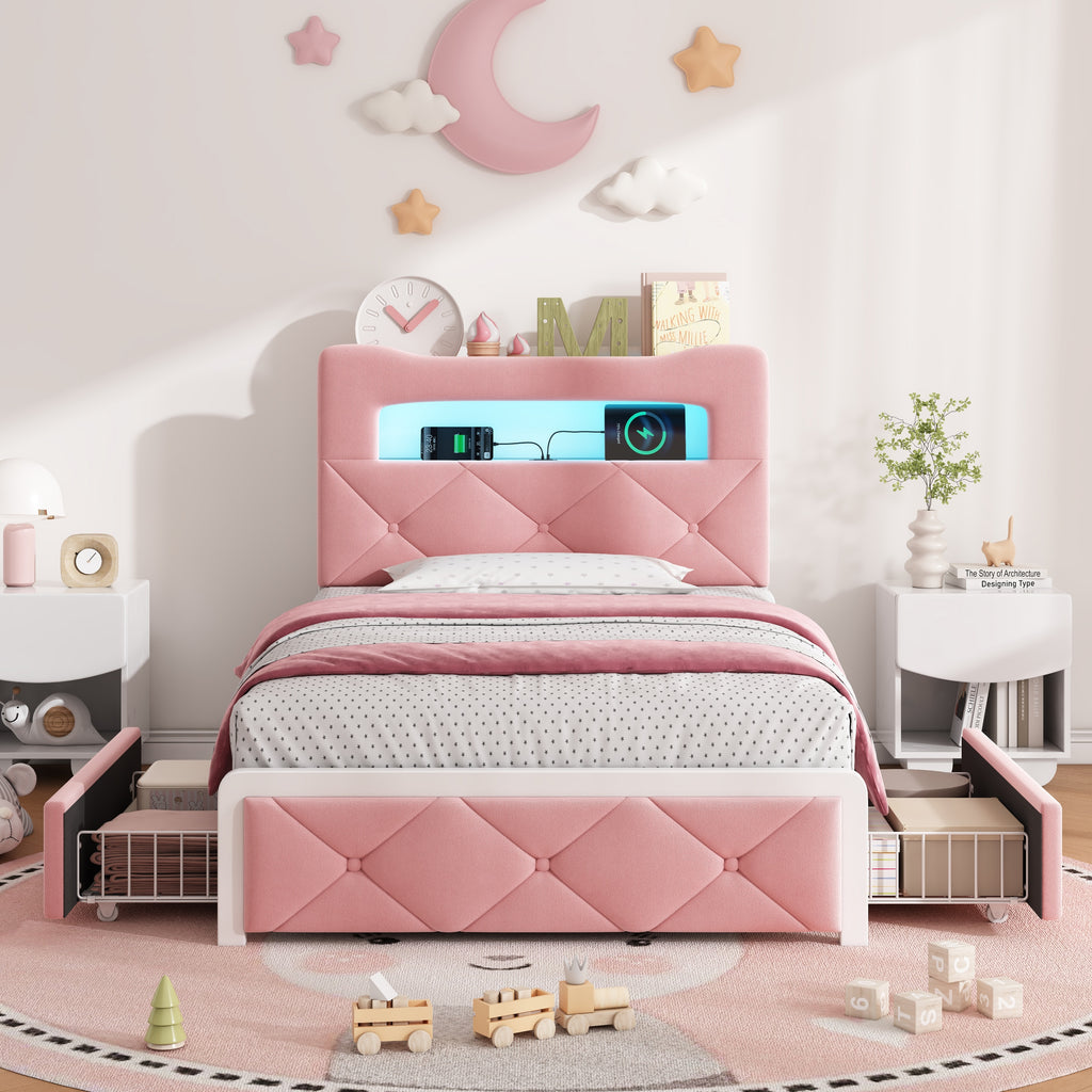 3ft Single Upholstered Bed with LED Button Tufted Bedside Storage Headboard, Velvet Bed Frame with 2 Storage Drawers, USB and Type - C Ports, No Box Spring Needed, Easy Assembly, Pink (No Mattress)