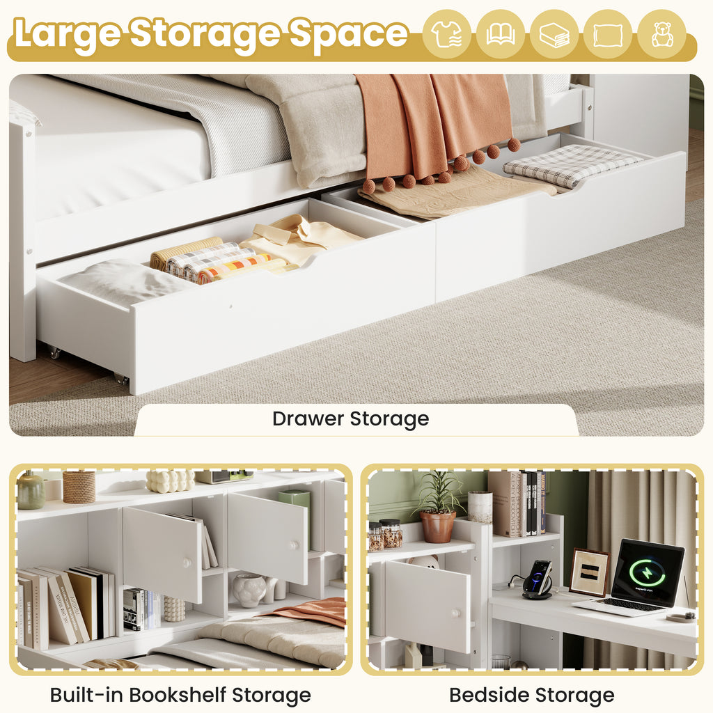 3ft Single Daybed with Storage Drawers and Bookcase, Modern Bed frame with Charging Station and Integrated Desk, Wood Bed for Living Room/ Bedroom/ Study Room, Two Assembly Methods, White(No Mattress)