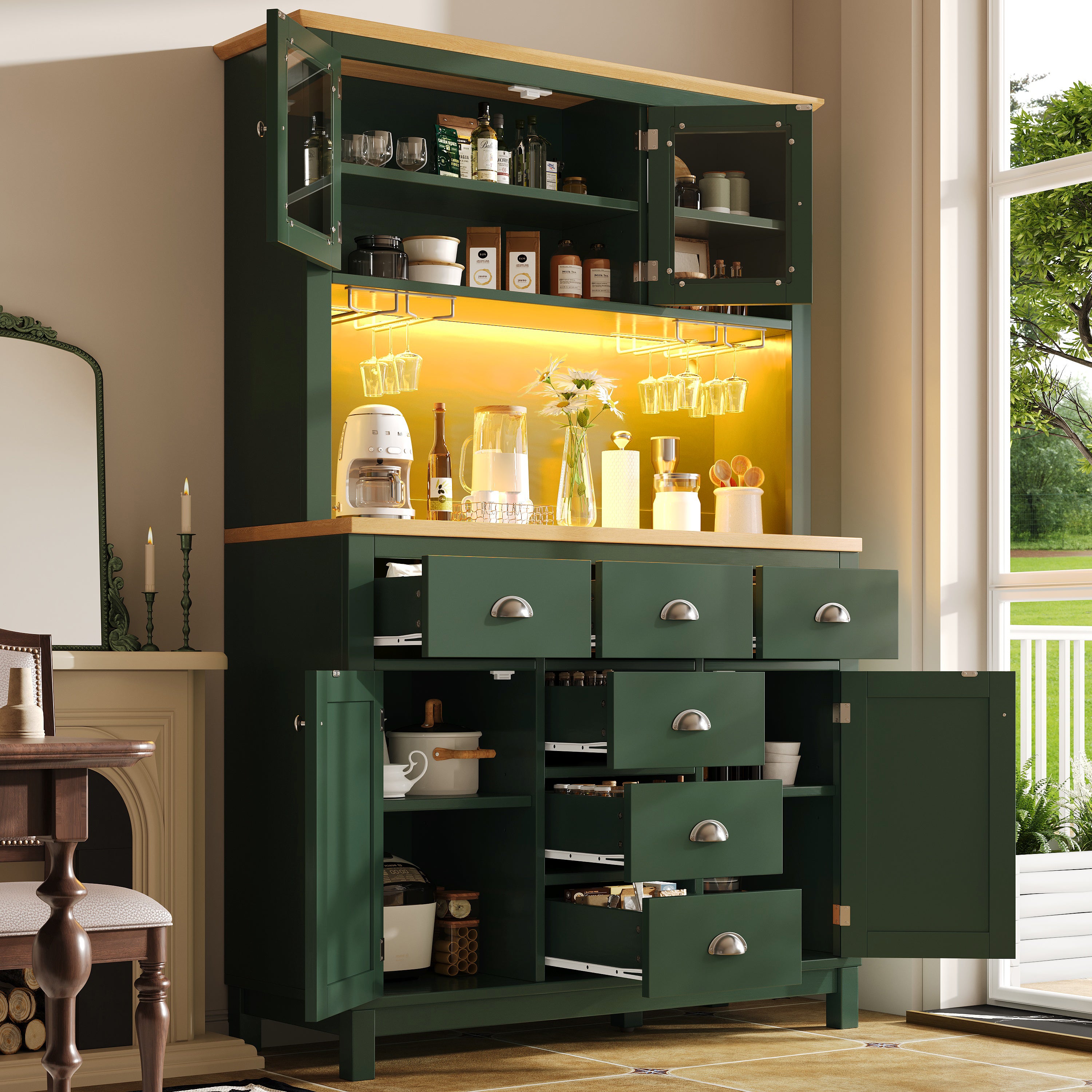 Sideboard / Storage Cabinet / Kitchen Cabinet / Buffet Cabinet, 104x40x180cm, Farmhouse Style, 5 Doors, with LED Light Strip & Drink Holders, Green/White