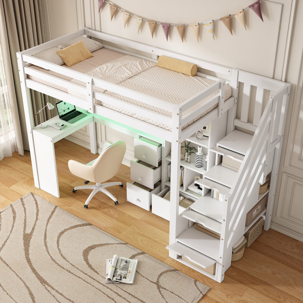 3ft Single Loft Bed with L-Shaped Desk & Storage Stairs, Wooden Bed Frame with Smart RGB LED Lights, Integrated Drawers & Individual Storage Locker, Modern Space-Saving Solution, White (No Mattress)