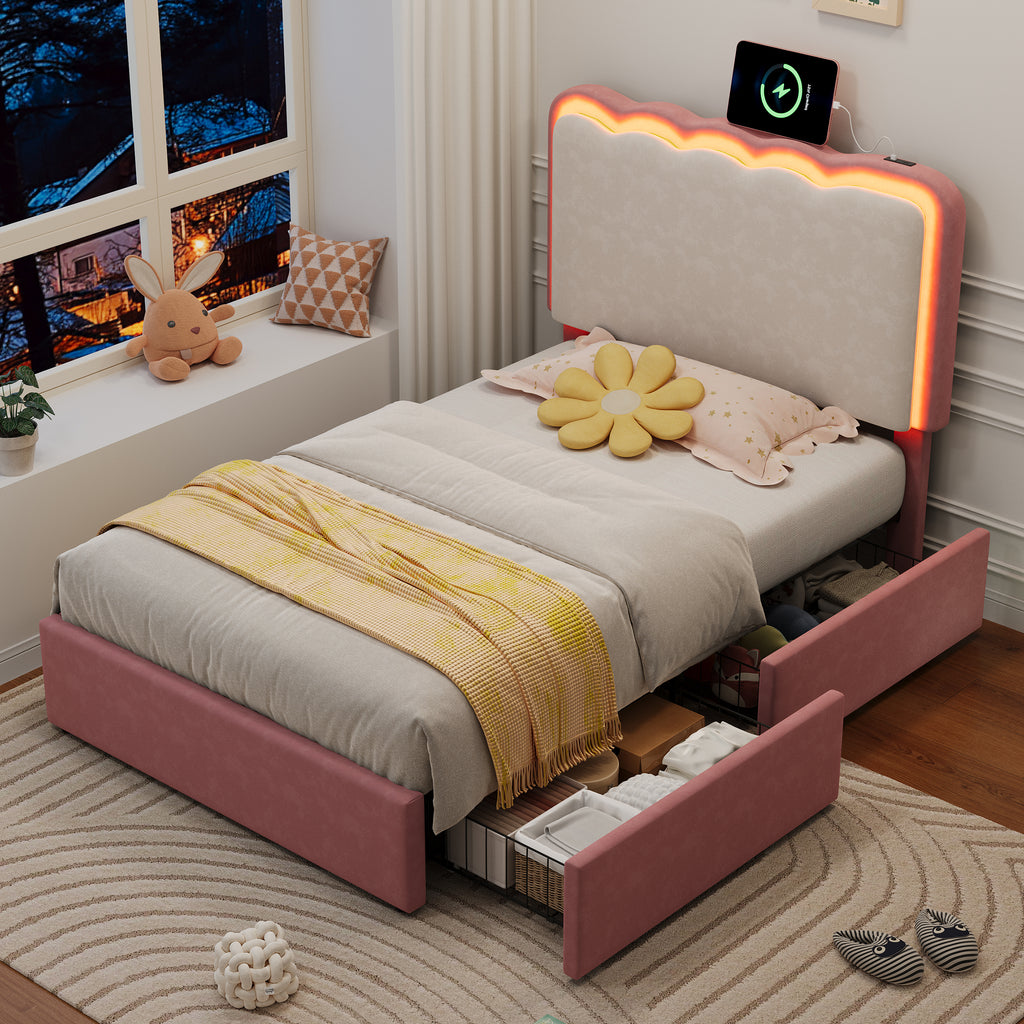 3ft Single Upholstered Bed with Adjustable LED Wavy Headboard, Soft Velvet Bed Frame with 2 Storage Drawers, Bed Frame with Solid Wood Slat, Easy Assembly, Pink+Cream White (No Mattress)