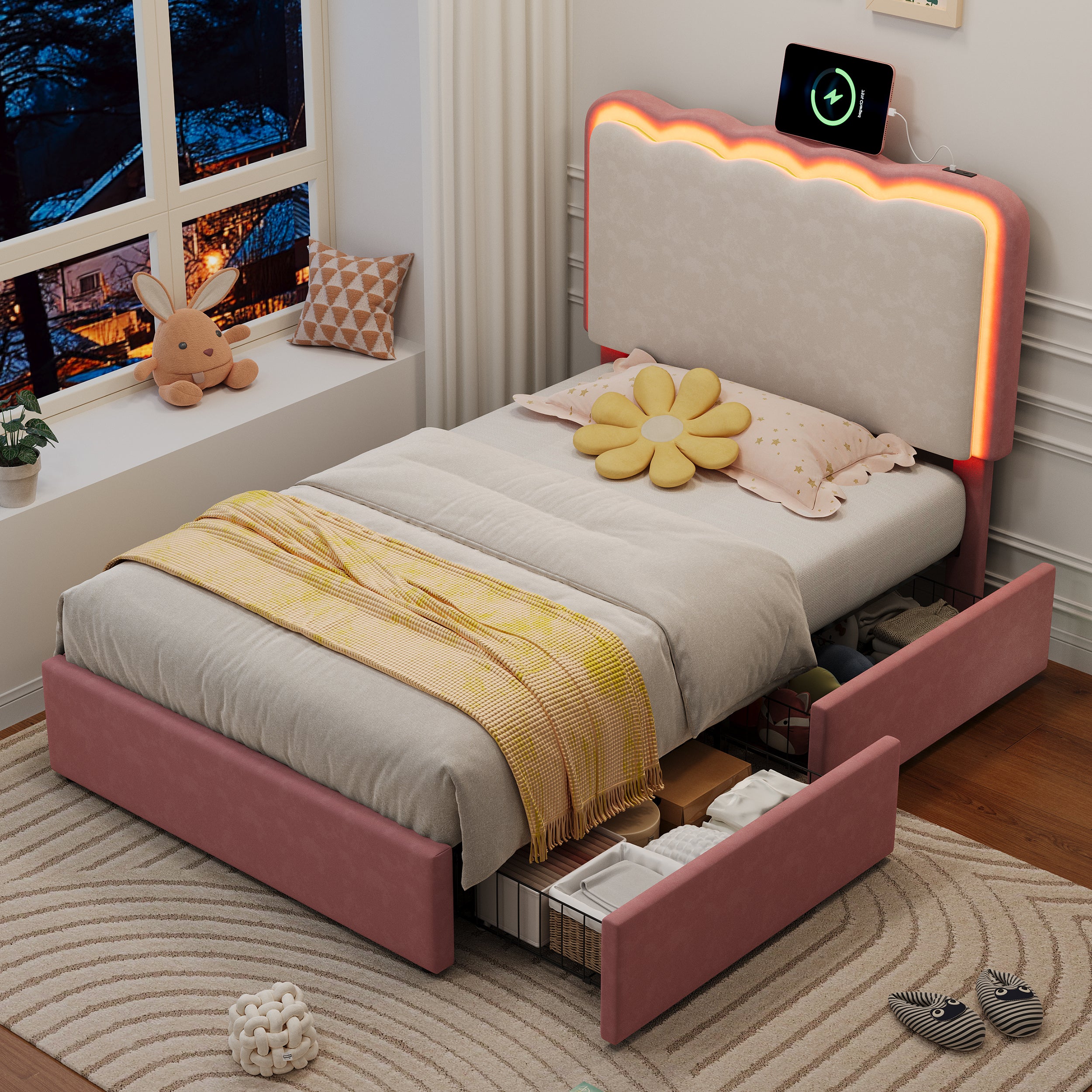 3ft Single Upholstered Bed with Adjustable LED Wavy Headboard, Soft Velvet Bed Frame with 2 Storage Drawers, Bed Frame with Solid Wood Slat, Easy Assembly, Pink+Cream White (No Mattress)