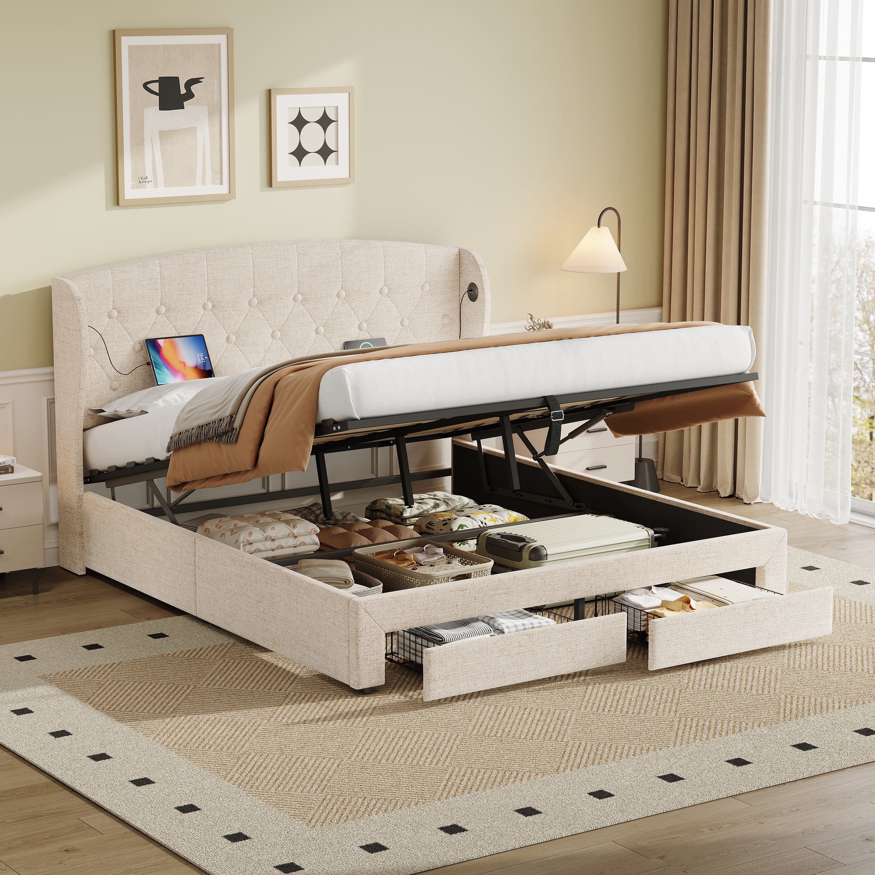 Double Upholstered Bed with Hydraulic and Drawers Storage, Button tufted Headboard with Wingback and Charging Station,  USB and Type - C Ports, No Box Spring Needed, Linen, Beige (No Mattress)