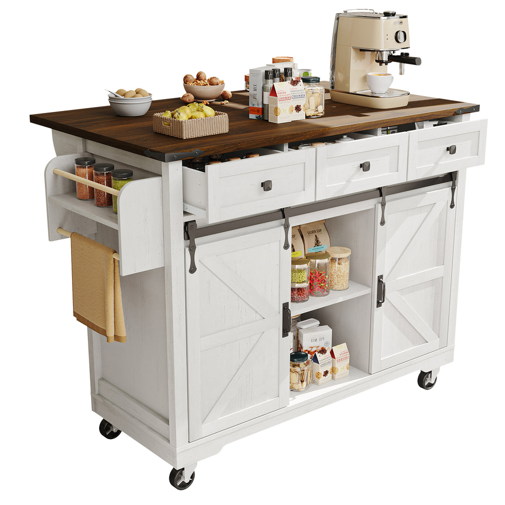 Kitchen island, serving cart with extendable worktop, kitchen cart on wheels, kitchen cabinet with 2 sliding doors and 3 drawers, dining cart with wood grain, kitchen cabinet