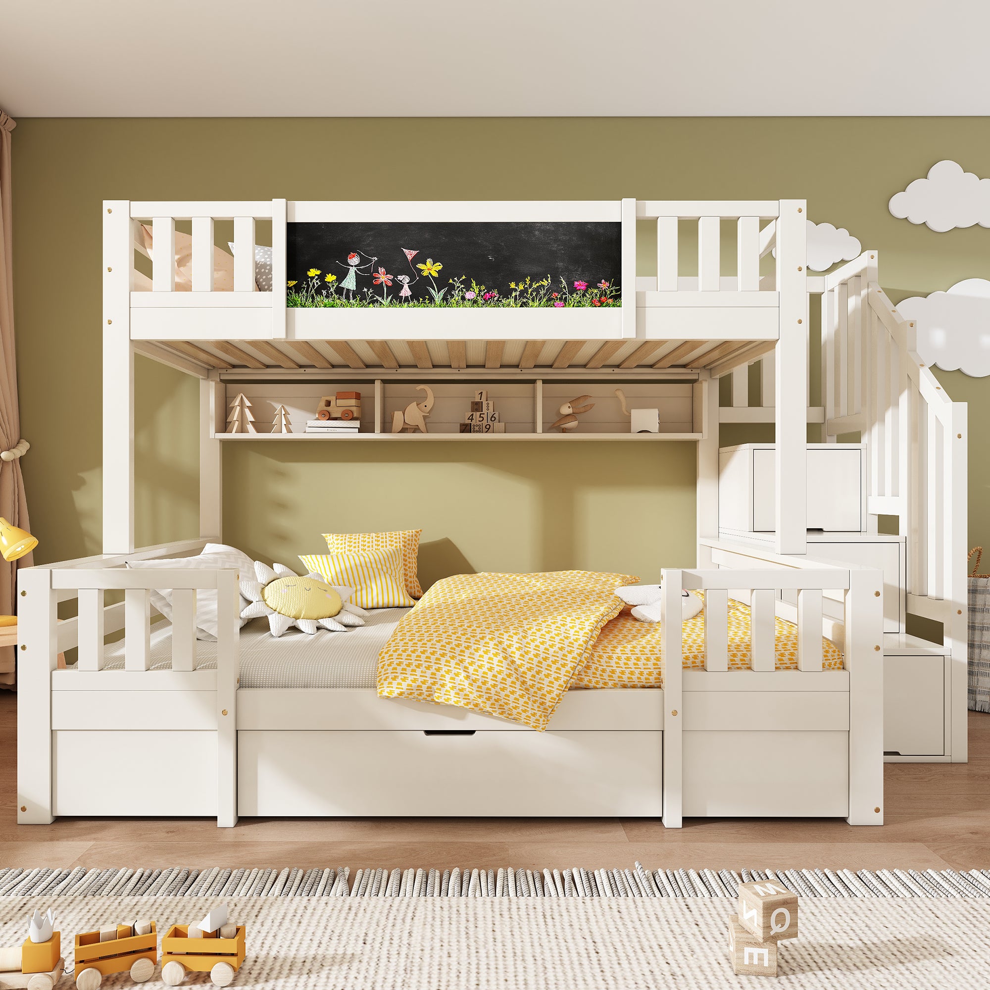 Bunk Beds for Kids, Staircase Bunk with Drawers and Chalkboard, Children's Bed with Storage Space, Double Bunk Bed for Family with Multiple Children, (90+135) x 190 cm, Solid Wood, White