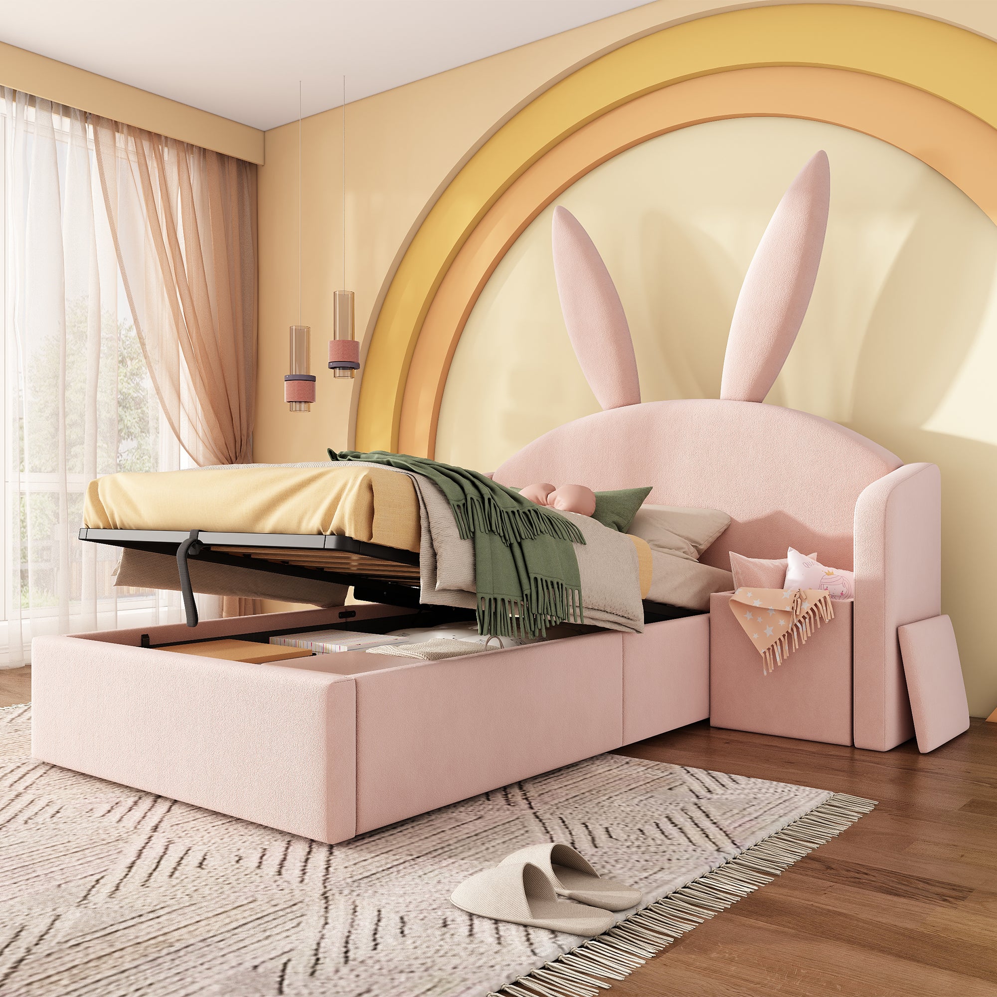 Bunny Ears Kids Bed, Single Upholstered Bed with Hydraulic Storage & Nightstand, Children Bed Frame for Girls Bedroom, 90 x 190 cm, Rose, No Mattress