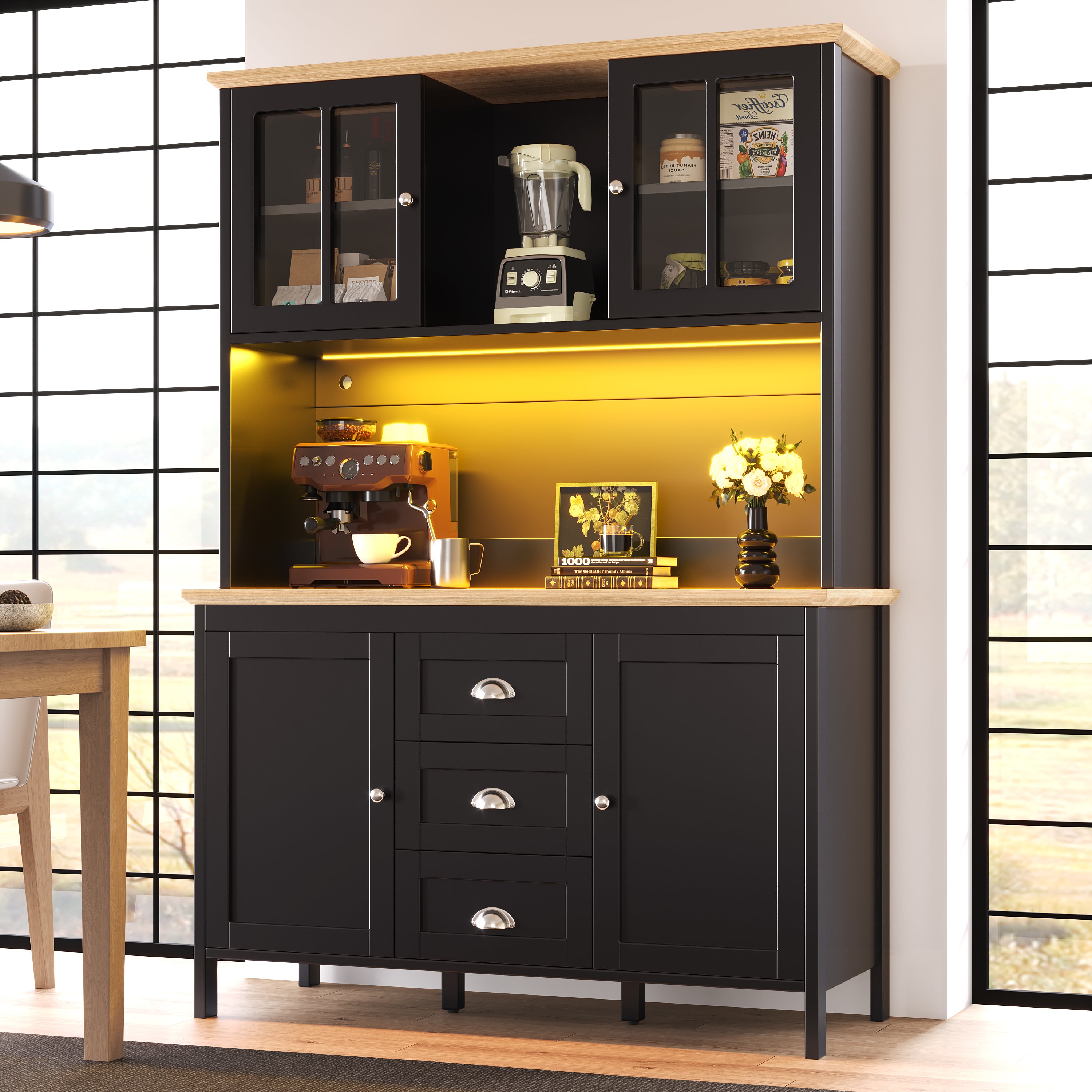 Sideboard, Storage Cabinet, Kitchen Cabinet, Tall Sideboard with LED Lighting, 120x40x179 cm, 4 Doors & 3 Drawers, White/Black