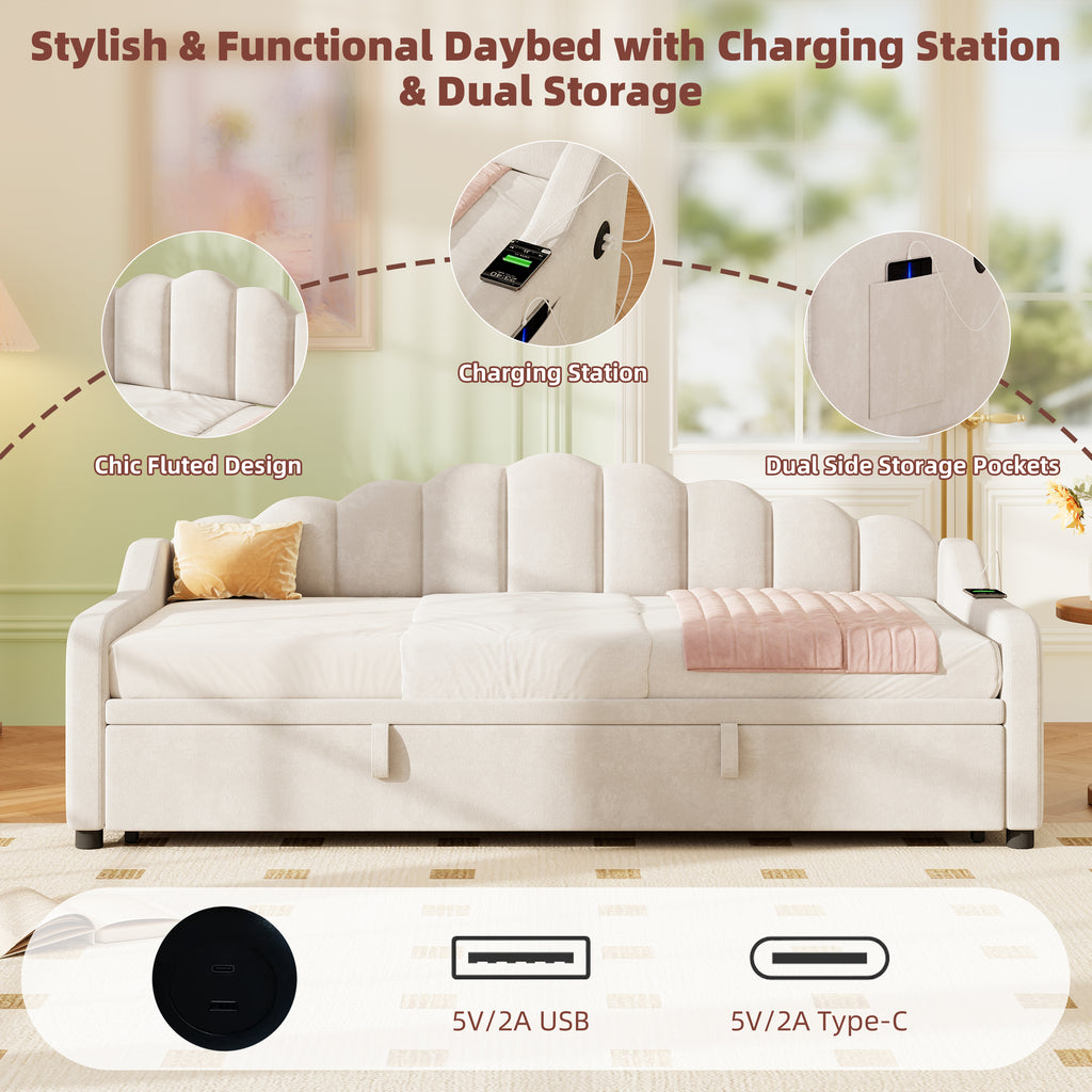 3ft Single Daybed with Pull-out Trundle, Velvet Upholstered Sofa Bed with Side Charging Station & Storage Pockets, Chic Fluted Scalloped Backrest, Beige (No Mattress)