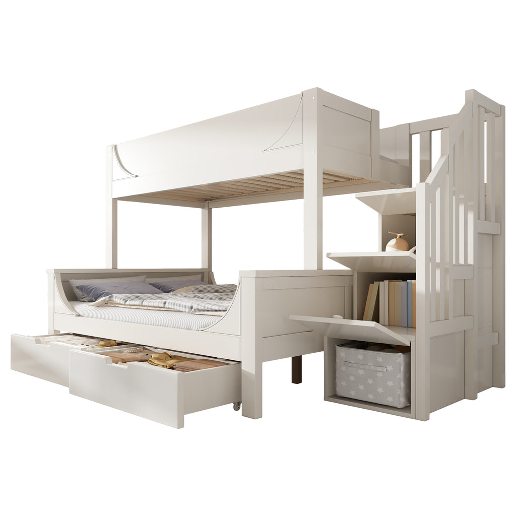 Bunk Beds for Kids, Staircase Bunk with Drawers and Storage, Children's Bed with Storage Unit, Double Bunk Bed for Family with Multiple Children, (90+135) x 190 cm, Solid Wood, White