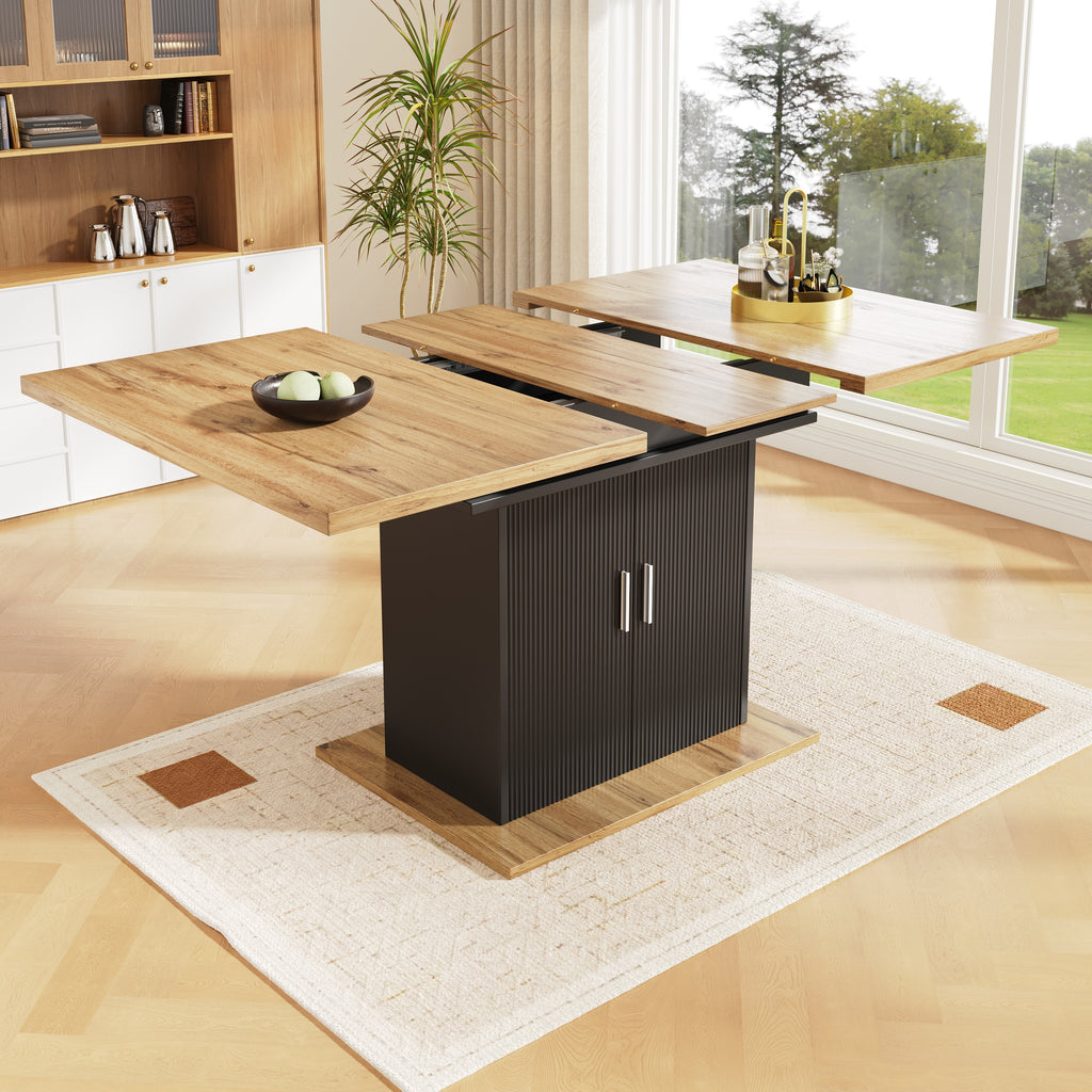 Telescopic dining table (140×70cm), extendable dining table with storage shelf, space-saving kitchen table, dining table with three shelves, extendable dining table for kitchen and living room, natura