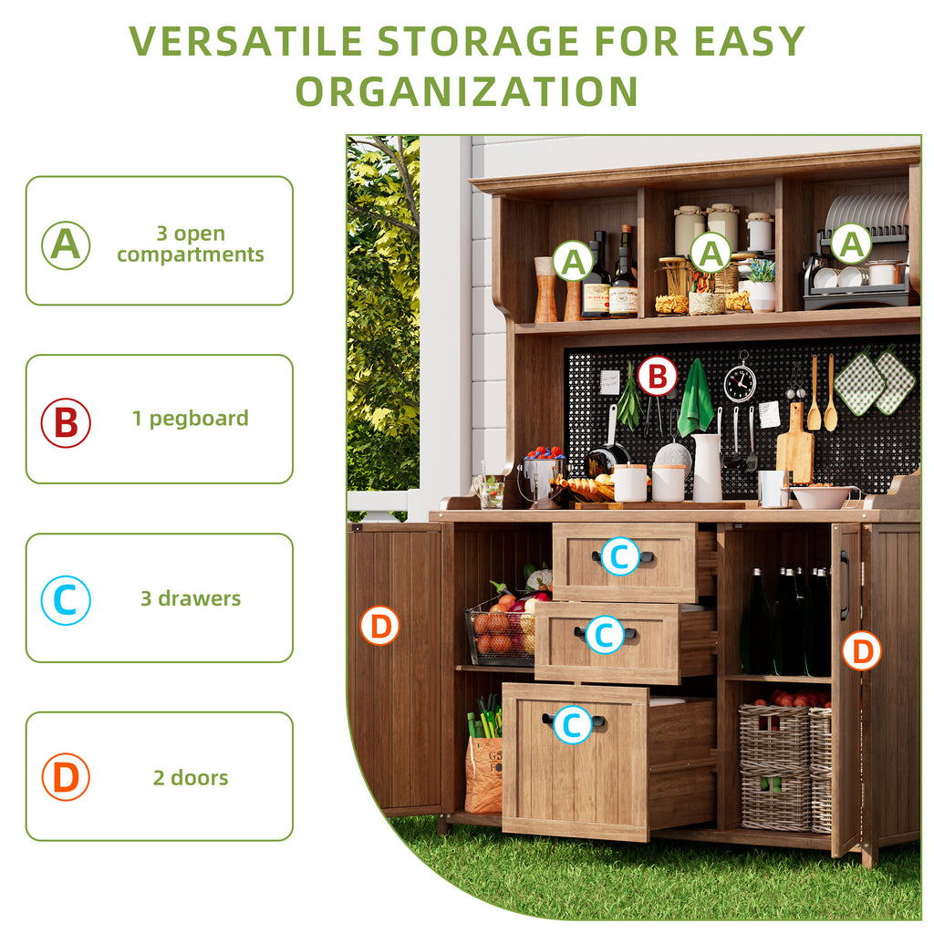 Wooden garden cabinet, garden tool cabinet made of solid fir wood – freestanding cabinet with 3 drawers, 3 compartments, metal pegboard and adjustable shelves