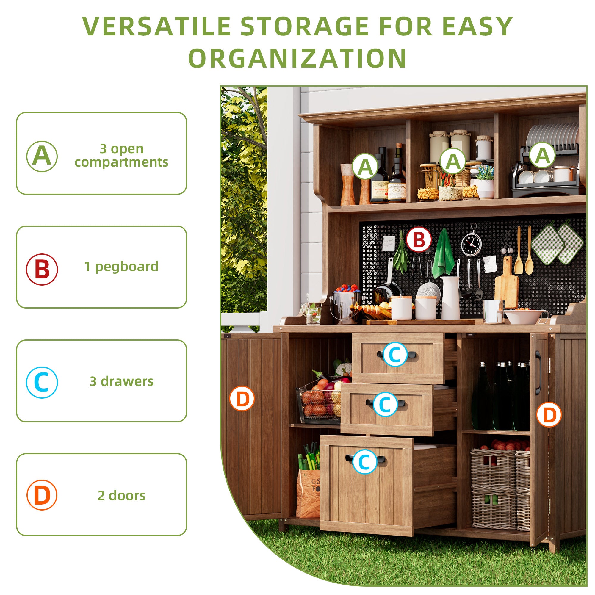Wooden garden cabinet, garden tool cabinet made of solid fir wood – freestanding cabinet with 3 drawers, 3 compartments, metal pegboard and adjustable shelves