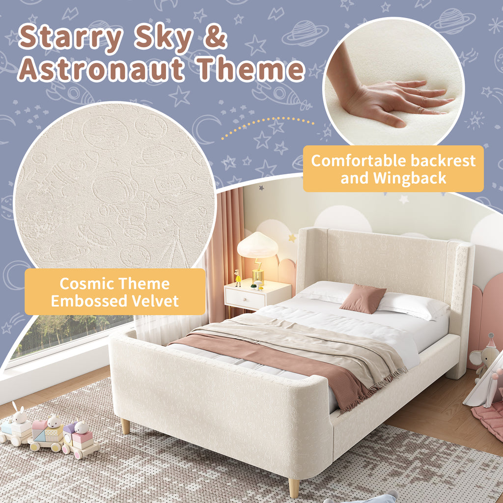 3FT Upholstered Bed, 90 x 190 cm Single Bed with Cosmic Pattern, Sleigh-style Teen Bed, Bed Frame for Boys and Girls, Beige, Velvet (Without Mattress)