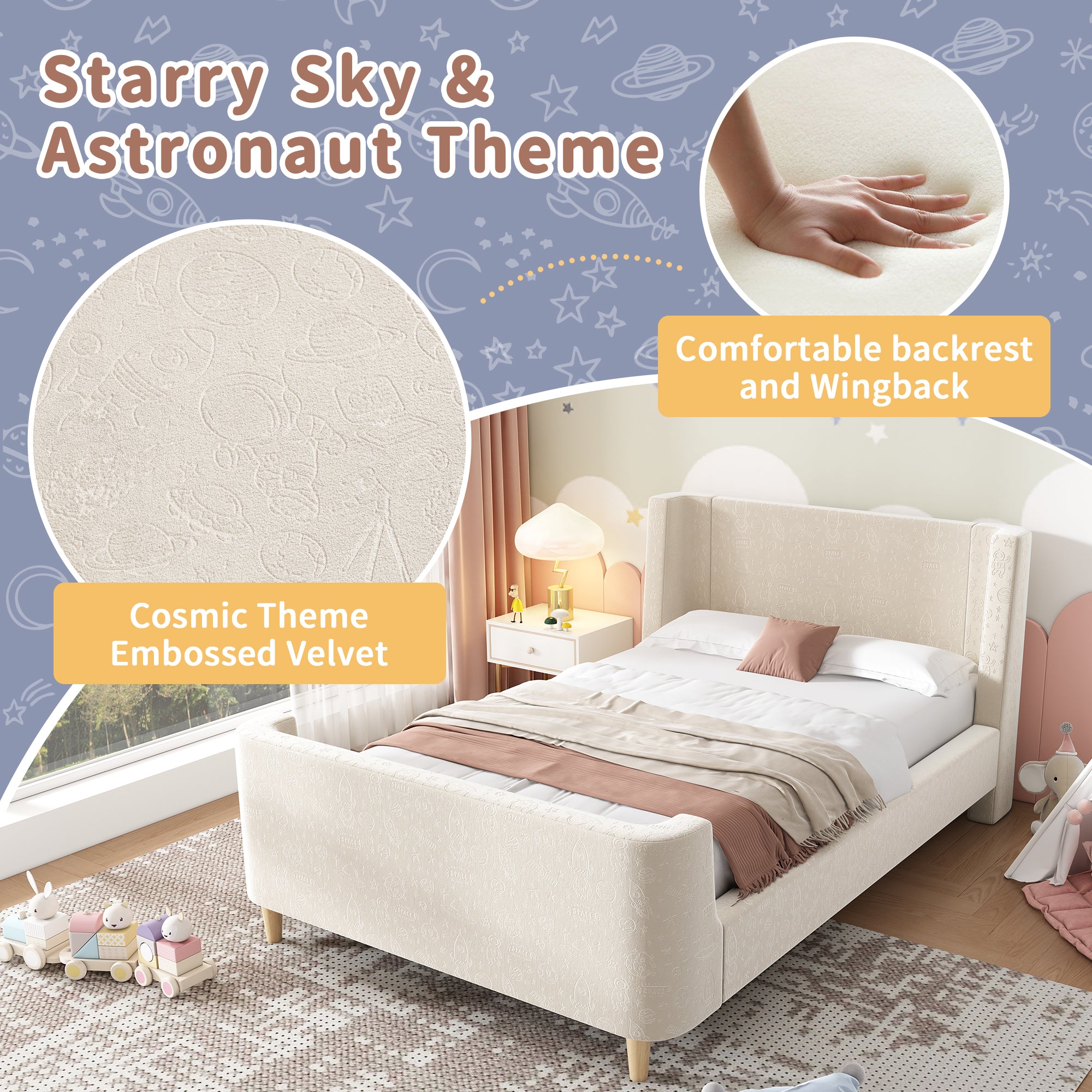 3FT Upholstered Bed, 90 x 190 cm Single Bed with Cosmic Pattern, Sleigh-style Teen Bed, Bed Frame for Boys and Girls, Beige, Velvet (Without Mattress)