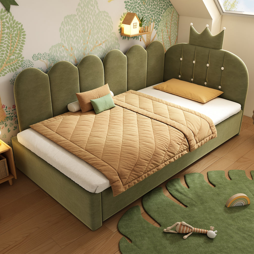 Upholstered Daybed with Pull-Out Bed, Crown-shaped Trundle Bed, 3FT Single Sofa Bed 90 x 190 cm, Guest Beds for Adults & Children, Bed with Metal Slatted Frame, Velvet, Green (No Mattress)