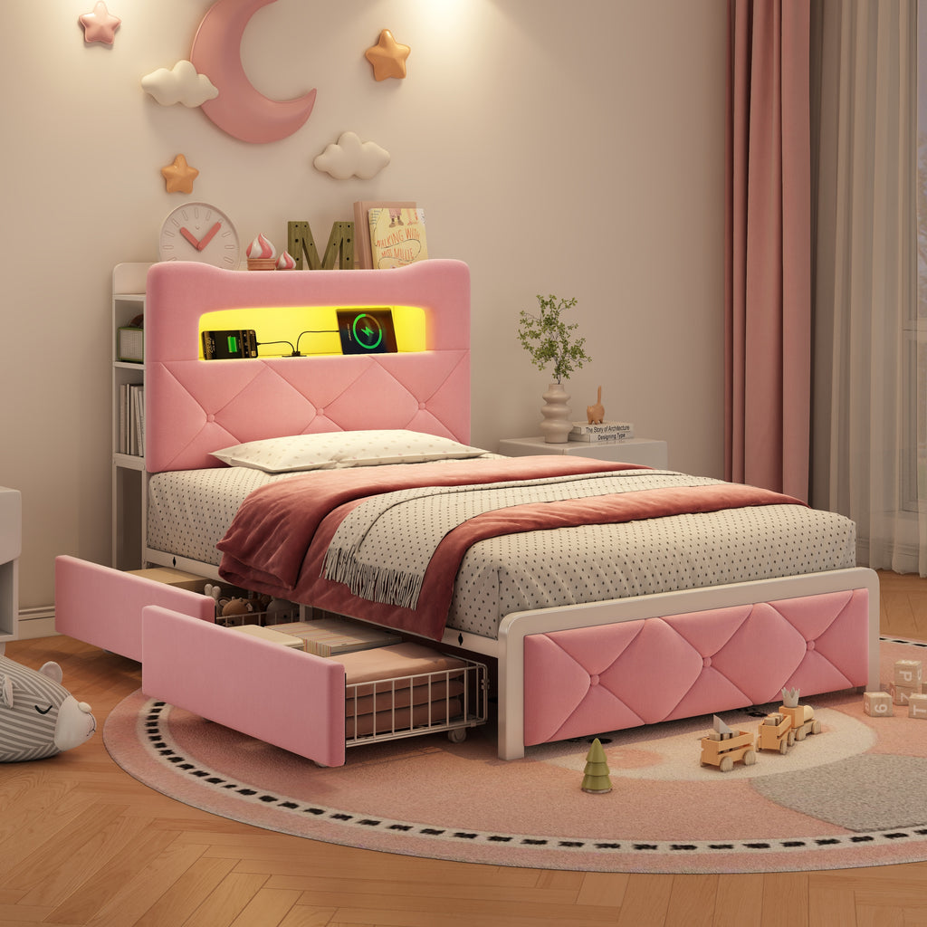 3ft Single Upholstered Bed with LED Button Tufted Bedside Storage Headboard, Velvet Bed Frame with 2 Storage Drawers, USB and Type - C Ports, No Box Spring Needed, Easy Assembly, Pink (No Mattress)