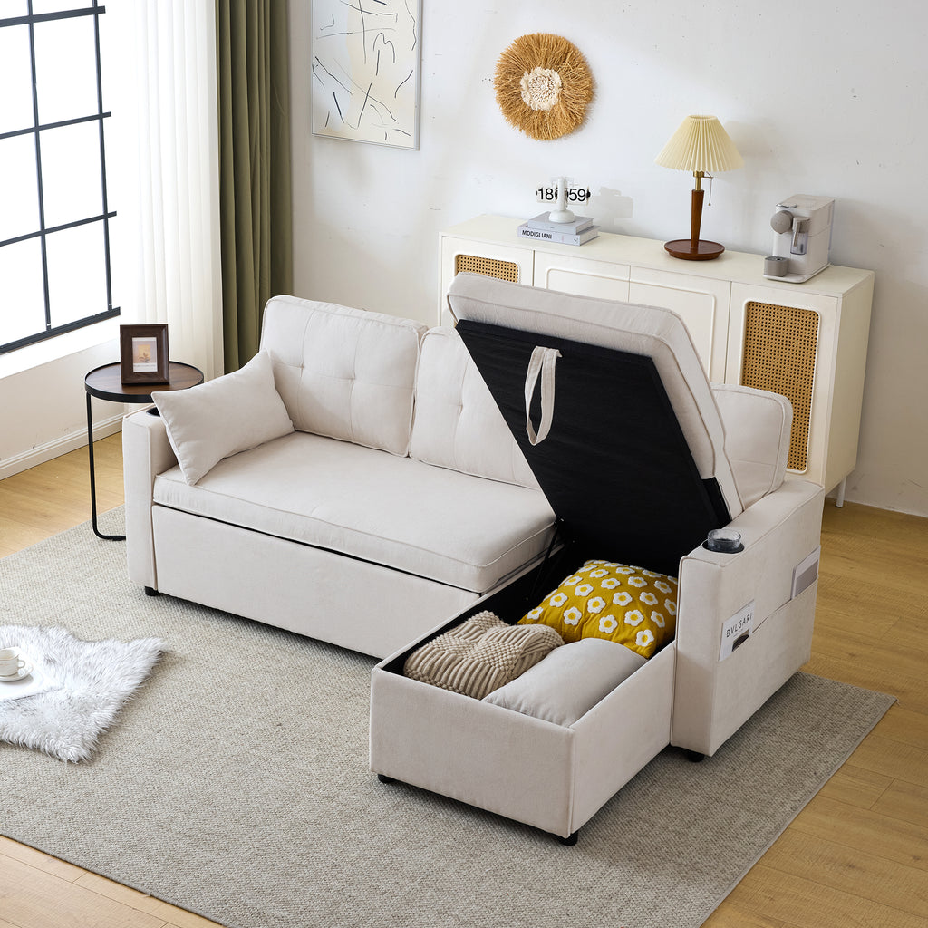 3-in-1 Convertible Sofa Bed with Internal Storage Chaise, L Shaped Sleeper Sofa Couches with Cup Holders, Pillows and Storage Pocket. Pullout Sectional Daybed for Living Room/Bedroom/Office, Beige