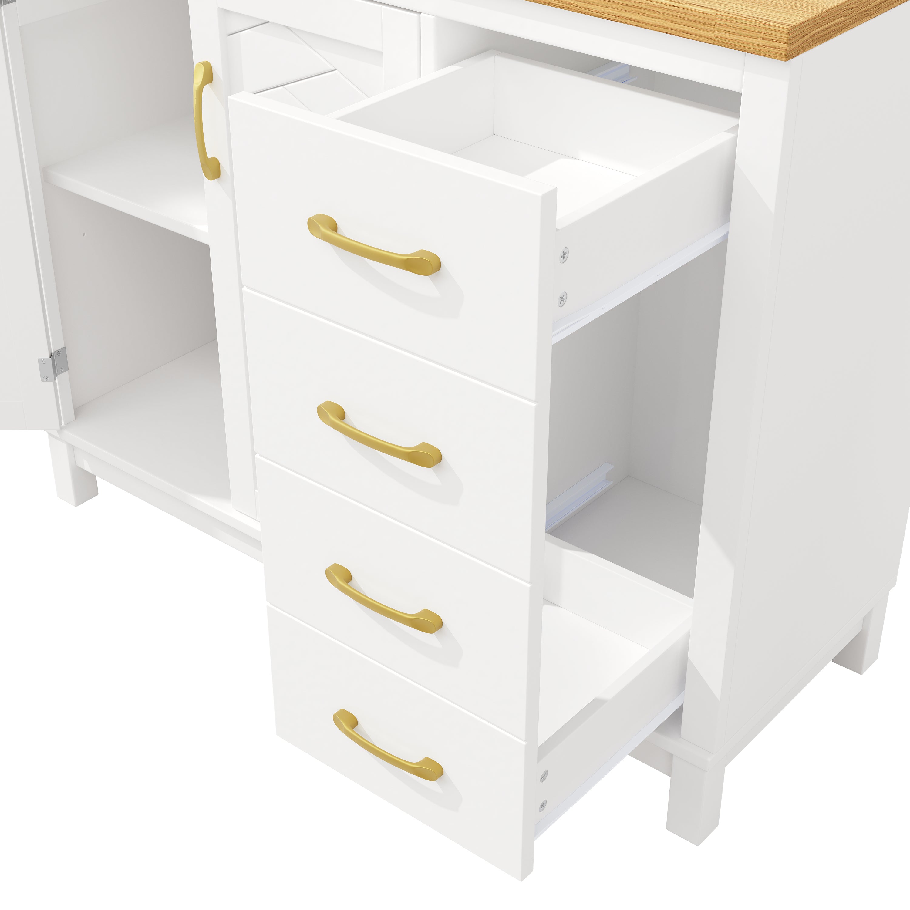 Sideboard / Storage Cabinet / Kitchen Cabinet / Buffet Cabinet, 105.5x40x180cm, Farmhouse Style, 4 Doors, with LED Light Strip & Drink Holders, White