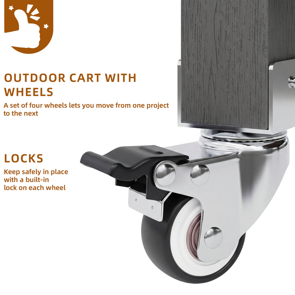 Garden cabinet with wheels and stainless steel worktop – Mobile tool cabinet with drawer and shelf, weatherproof sideboard with double shelf and towel rack, barbecue station for patio