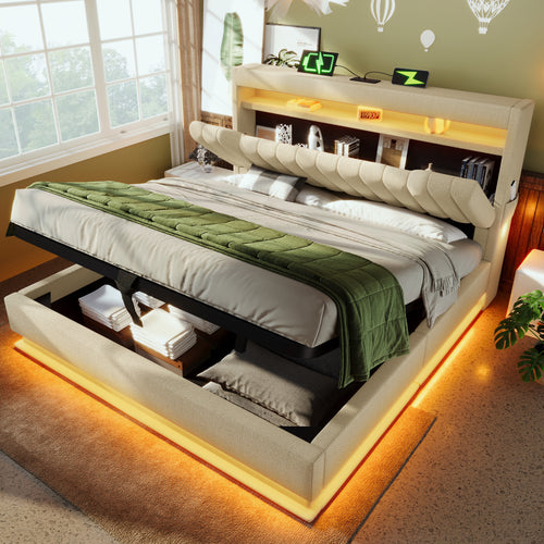 Upholstered Bed 135 x 190 cm with LED Lighting, USB Type-C Charging, Storage Headboard for Cellphones and Tablets, 4ft6 Hydraulic Storage Bed with Metal Slatted Frame, Linen, Beige (No Mattress)