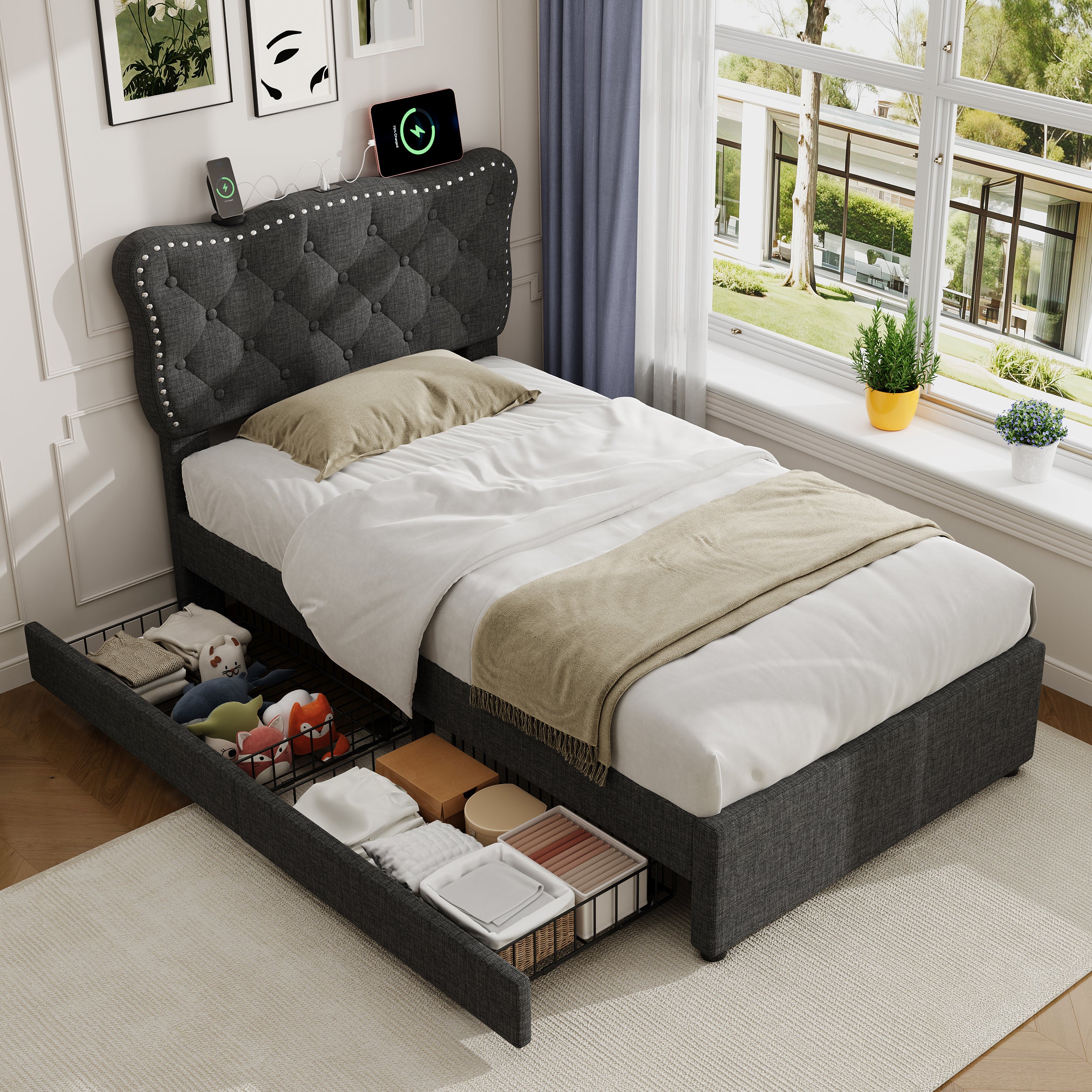 3ft Single Upholstered Bed with Rivet Design and Charging Station, Two Storage Drawers, Adjustable Button Tufted Headboard with USB & Type-C Ports, No Box Spring Needed, Linen, Grey (No Mattress)