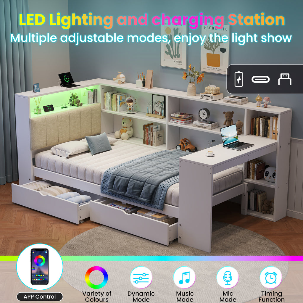 3ft Single L-Shape Daybed with Storage Drawers and Bookcase Storage, LED Linen Concealed Headboard Storage with Charging Station, Wood Bed for Living Room/ Bedroom/ Study Room, White (No Mattress)