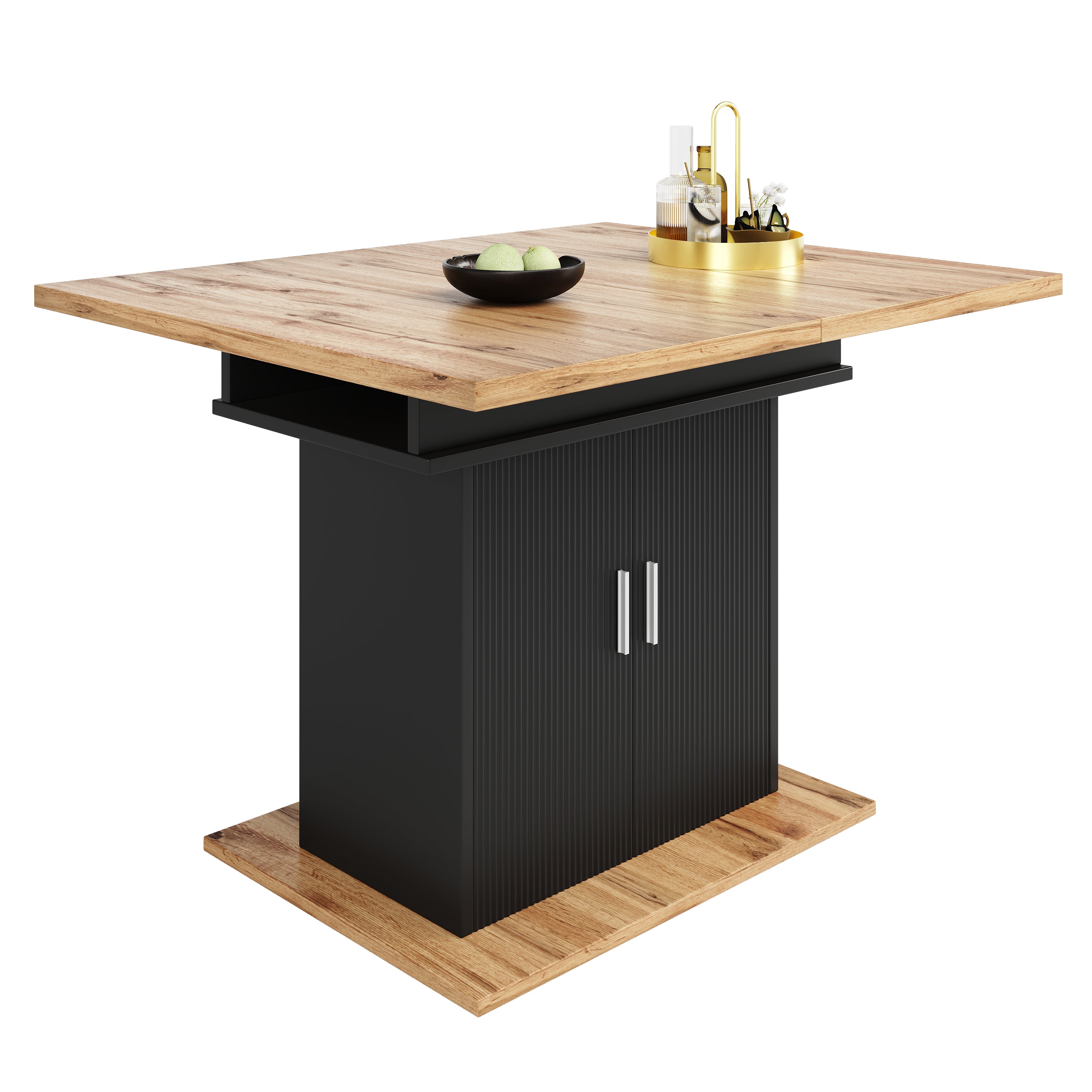 Telescopic dining table (140×70cm), extendable dining table with storage shelf, space-saving kitchen table, dining table with three shelves, extendable dining table for kitchen and living room, natura