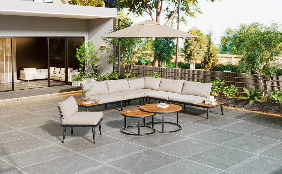 Modular Outdoor Sofa Set with Galvanized Iron Frame, Washable Cushions, Acacia Wood Nesting Tables, for Patio & Garden
