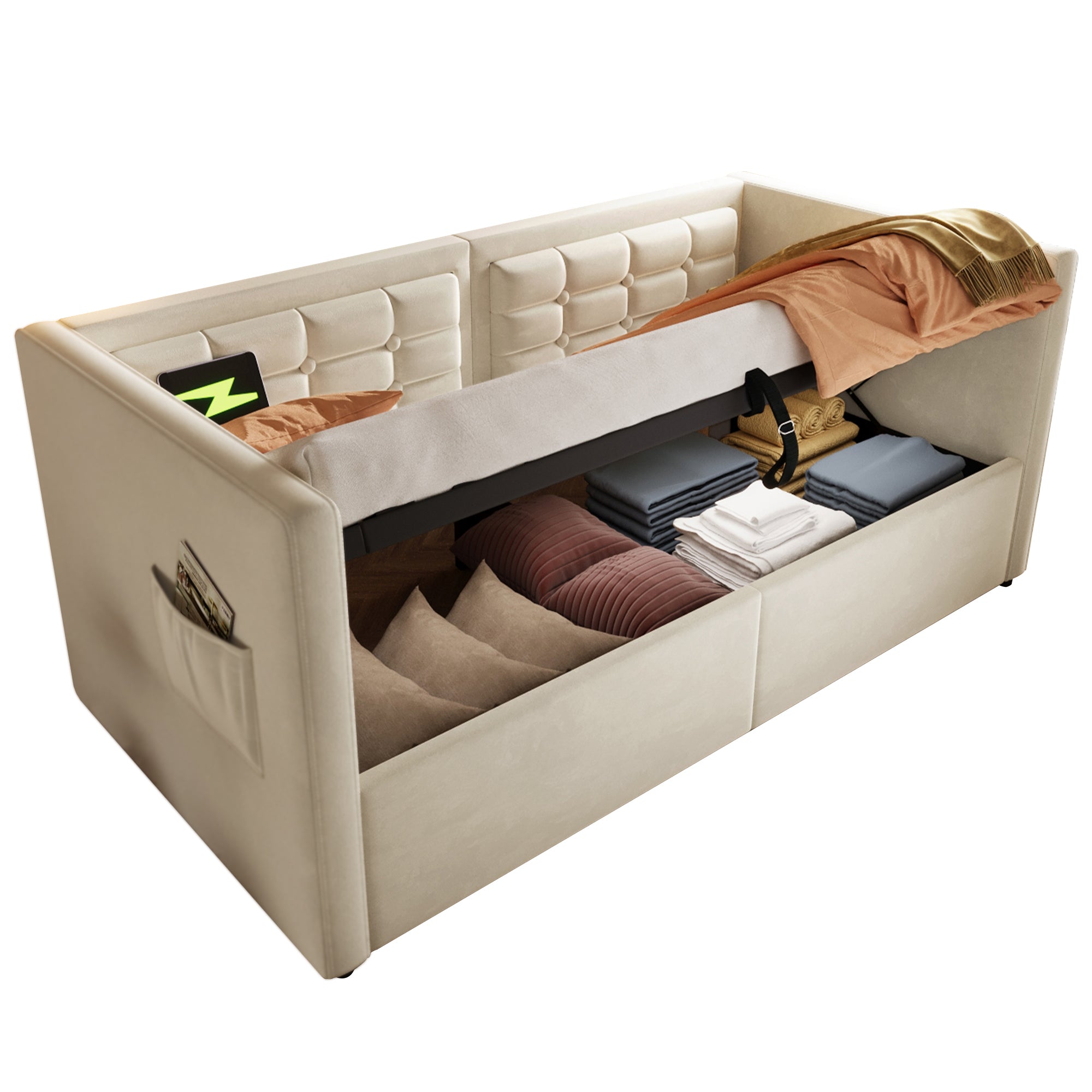 Daybed Upholstered Bed 90 x 190 cm, 3FT Single Sofa Bed with USB &Type-C Charging Station,  Hydraulic Storage Bed for Living Room and Bedroom, Velvet, Beige (No Mattress)