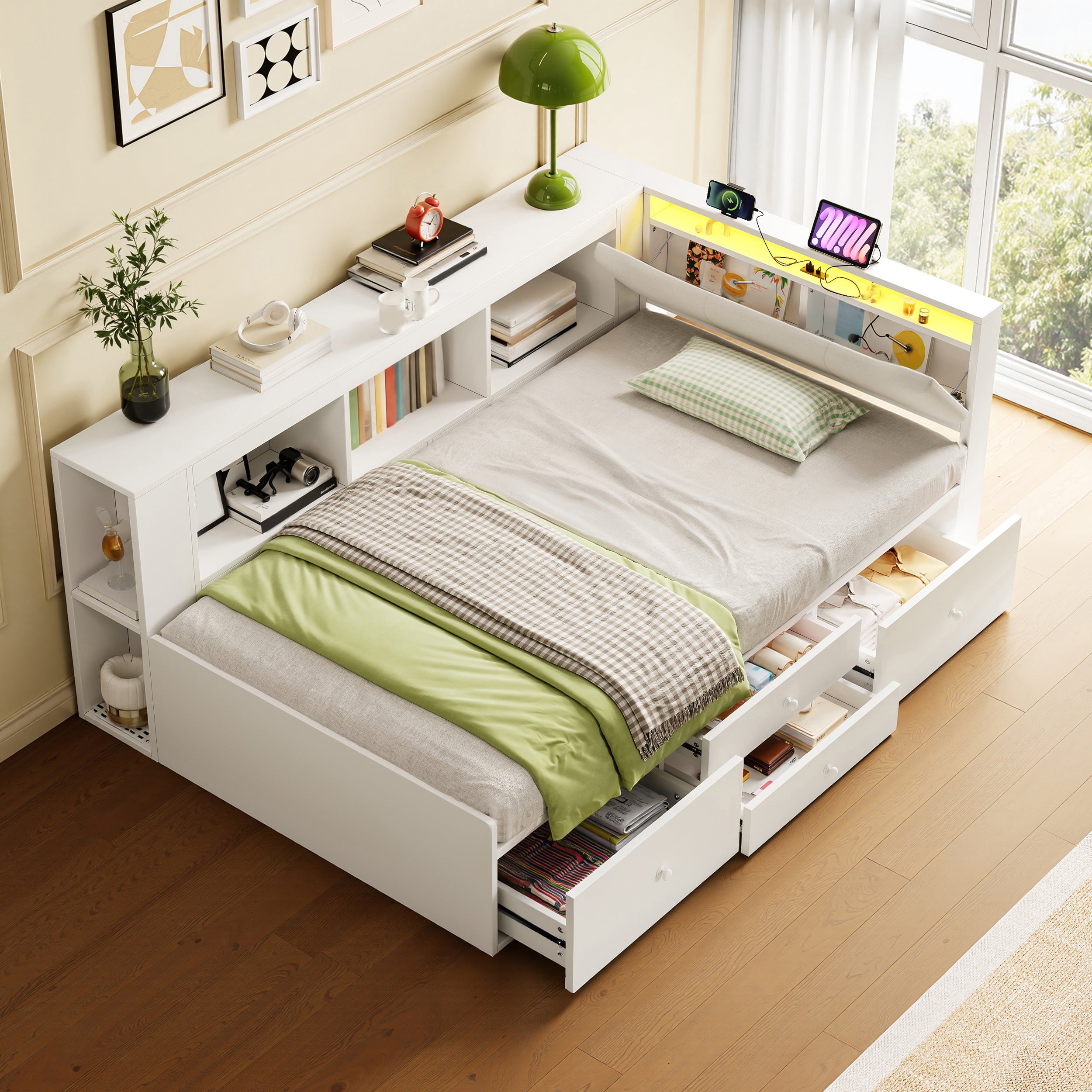 3ft Single Tatami Wooden Bed Frame with Underbed Storage and Drawers, LED Linen Headboard with Charging Station and Concealed Headboard Storage, Bedside Bookshelf Compartment, White (No Mattress)